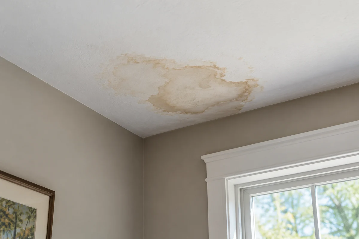 Brown water stain on a white interior ceiling near a window