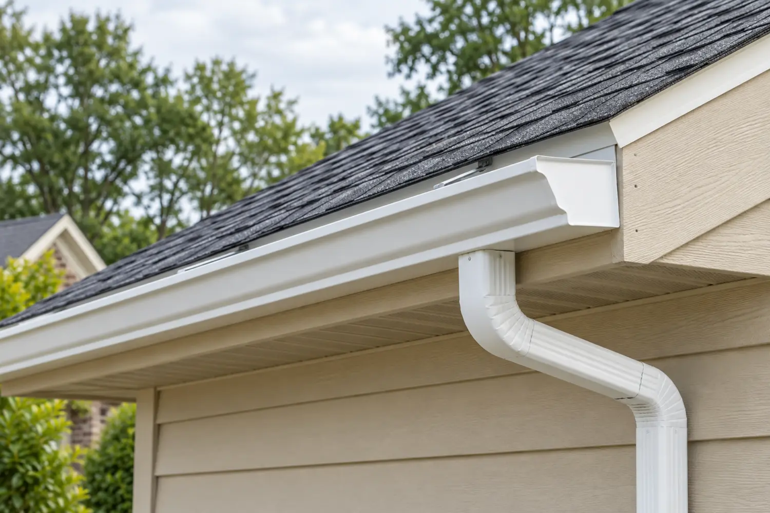 Correct rectangular 3×4 downspout installation connected to a K-style gutter on a Durham NC home