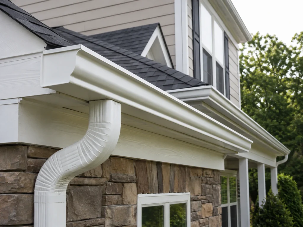 Existing K-style gutter and downspout inspected before gutter guard installation