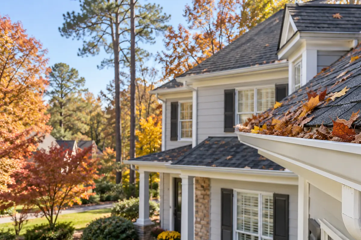 Fall gutter cleaning in the Triangle NC Clean white gutters on a Triangle NC home surrounded by colorful fall trees