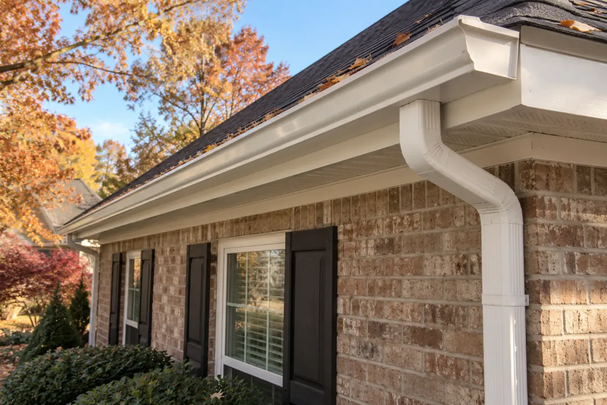 Long K-Style gutter with rectangular downspout during fall in the Triangle NC