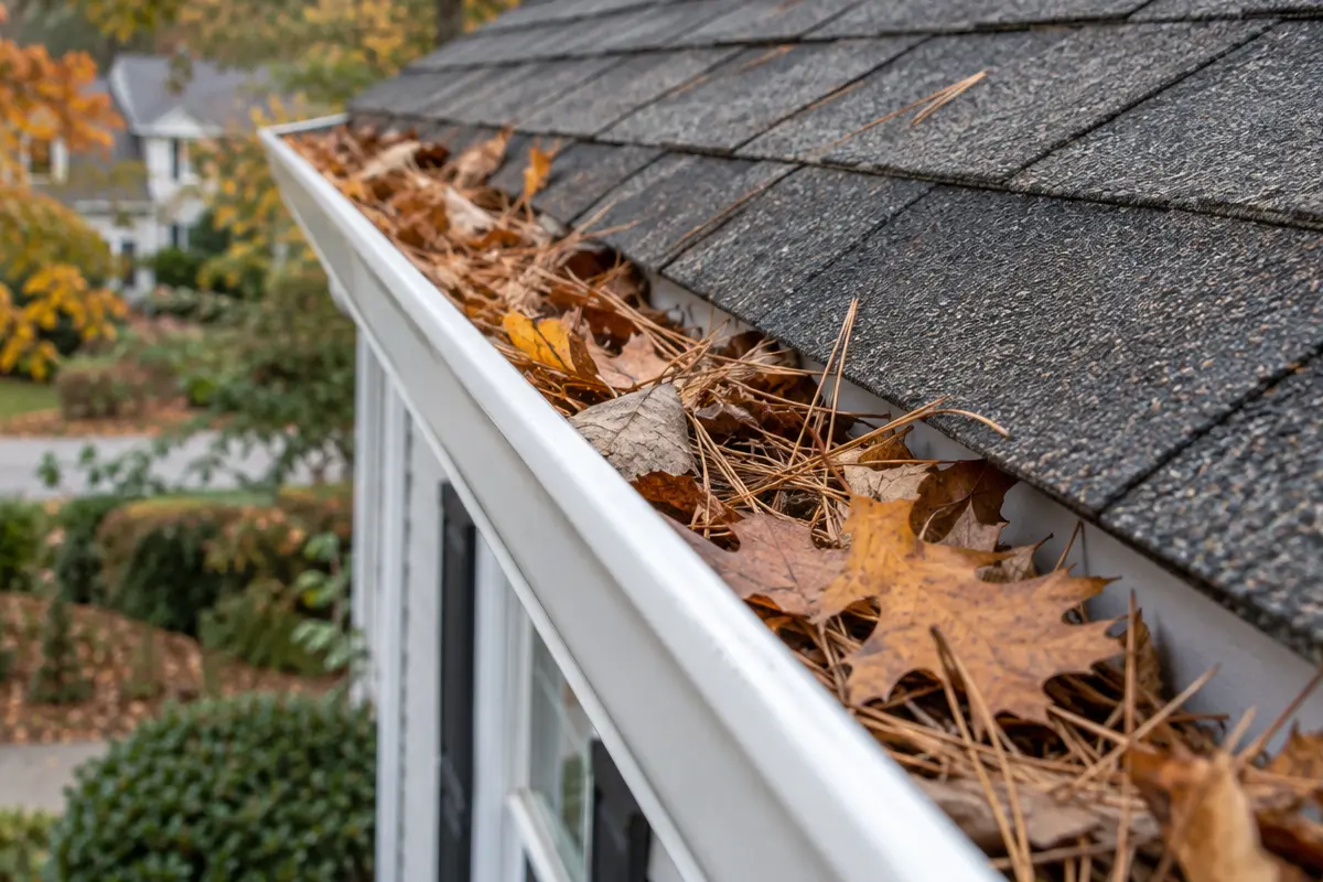 Fall leaves and pine needles collecting in a Triangle NC gutter