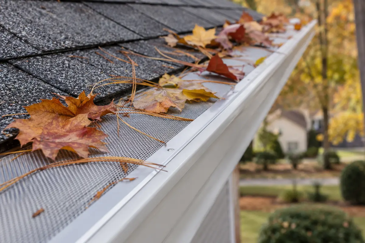 Micro-mesh gutter guard protecting a Triangle NC gutter from fall leaves
