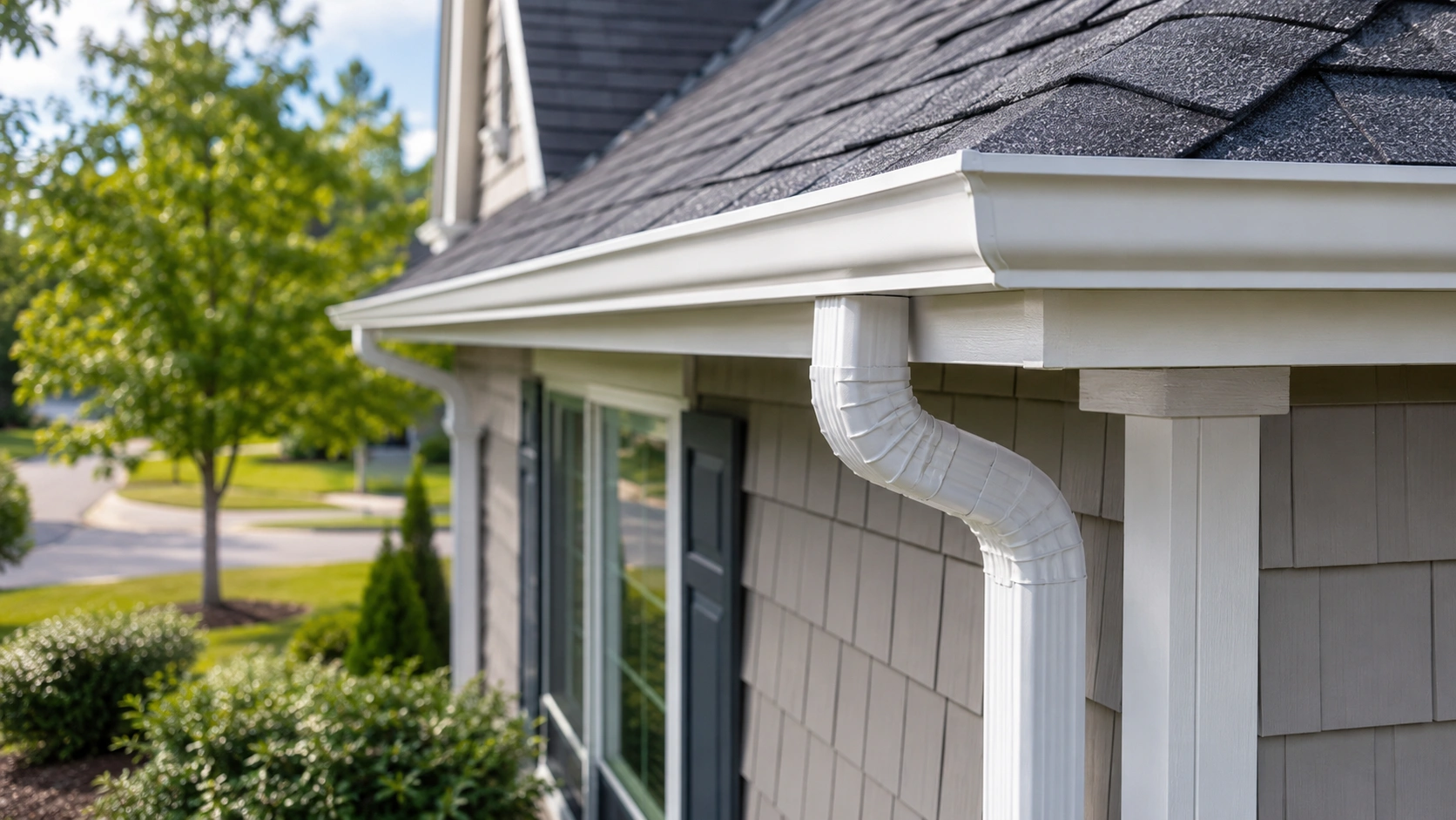 clean K-style gutter and downspout after gutter maintenance Durham NC