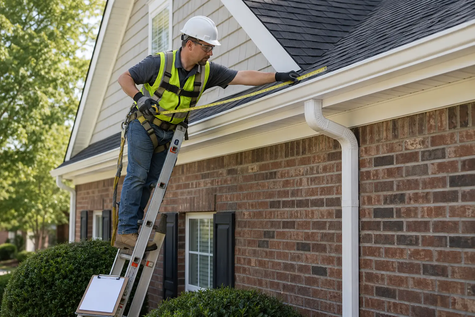 Contractor measuring a Durham home roofline for a seamless gutter installation estimate