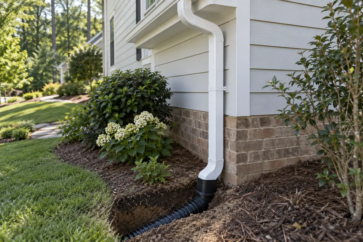 Residential downspout connected to underground drainage in Durham NC