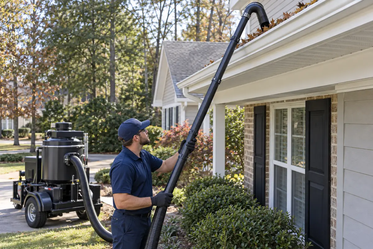 Professional gutter vacuum cleaning loose debris from a Durham home