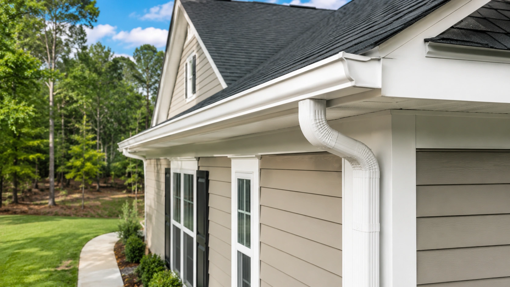 K-style gutter system along a home roofline K-style gutter system along a home roofline