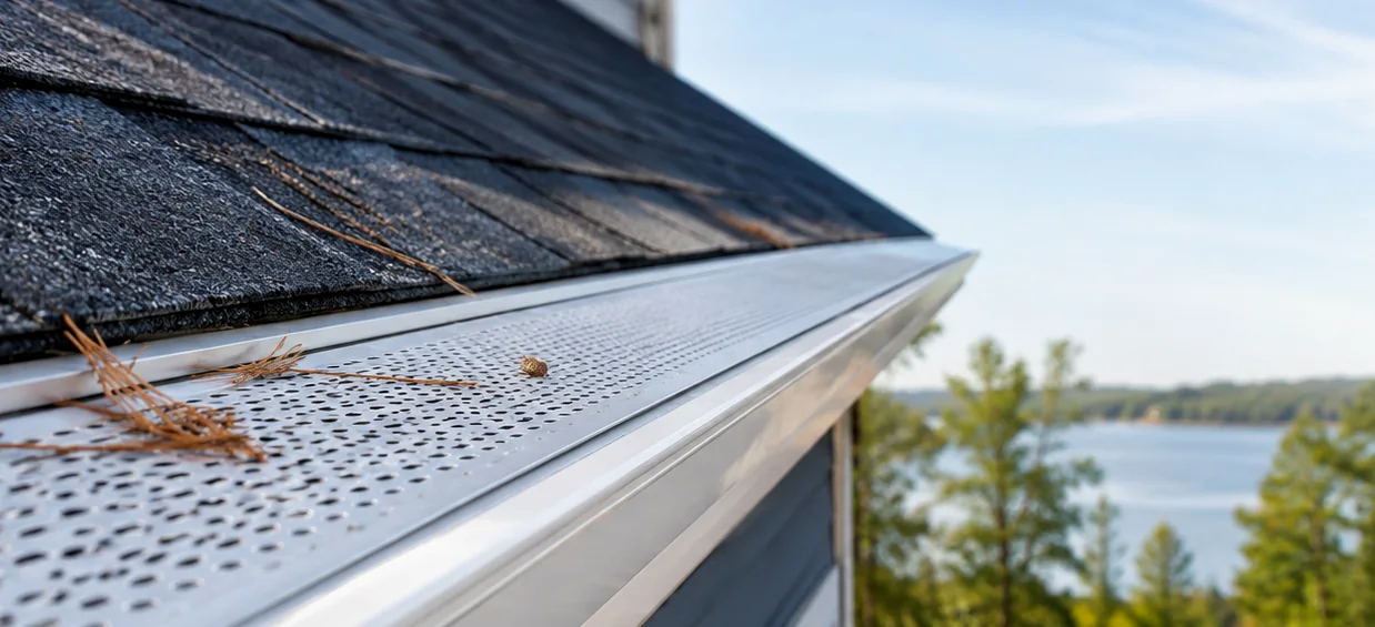 Illustration of fine mesh gutter protection along a residential roof edge