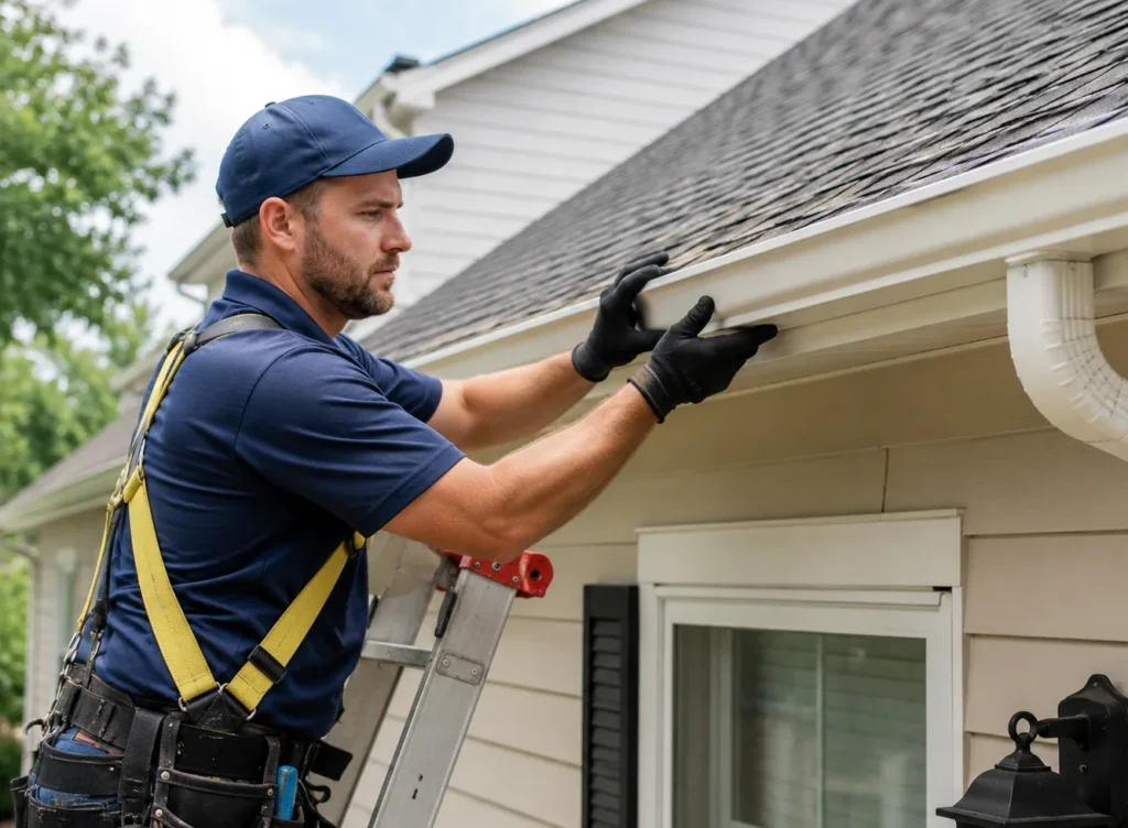 professional seamless gutter installation Durham NC on a residential roofline professional seamless gutter installation Durham NC on a residential roofline