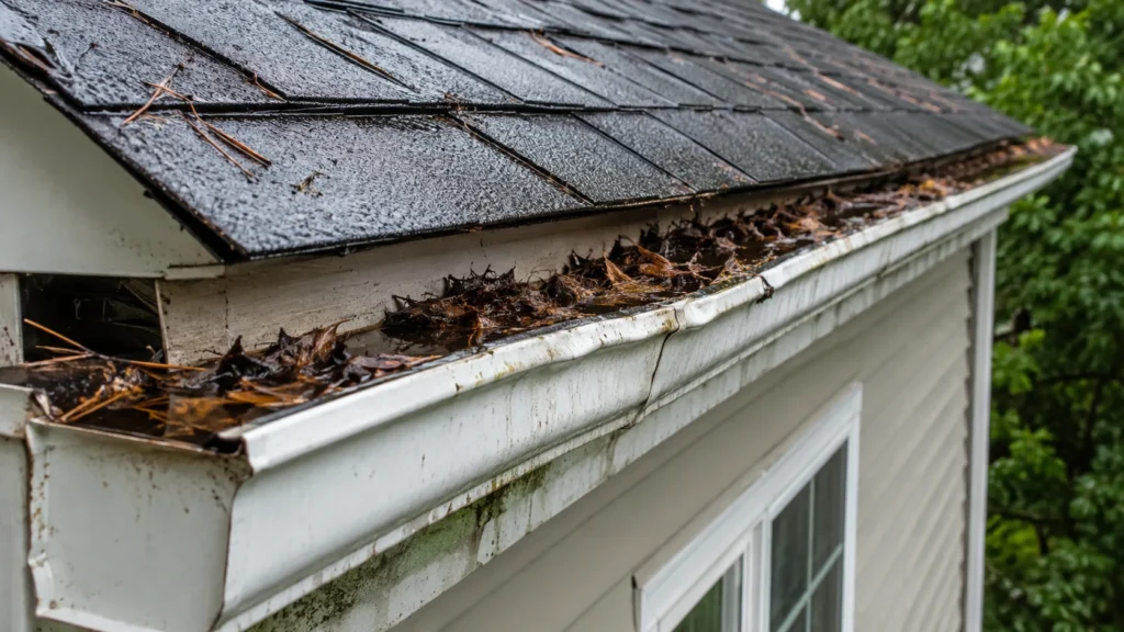clogged gutter filled with storm debris after heavy rain in North Carolina