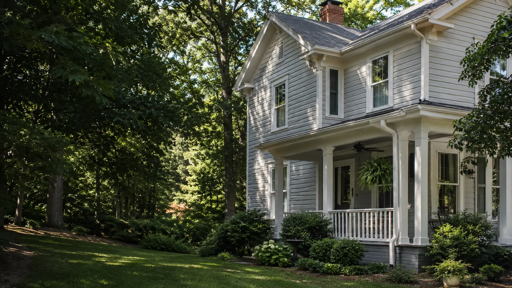 Gutter Cleaning Hillsborough NC Residential Service Historic-influenced Hillsborough NC home surrounded by trees for gutter cleaning
