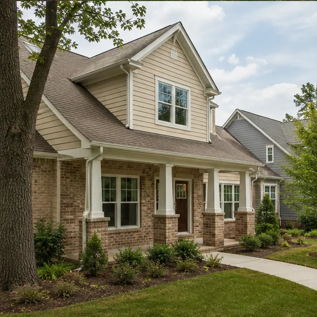 House exterior with horizontal lap siding, brick porch columns and white trim