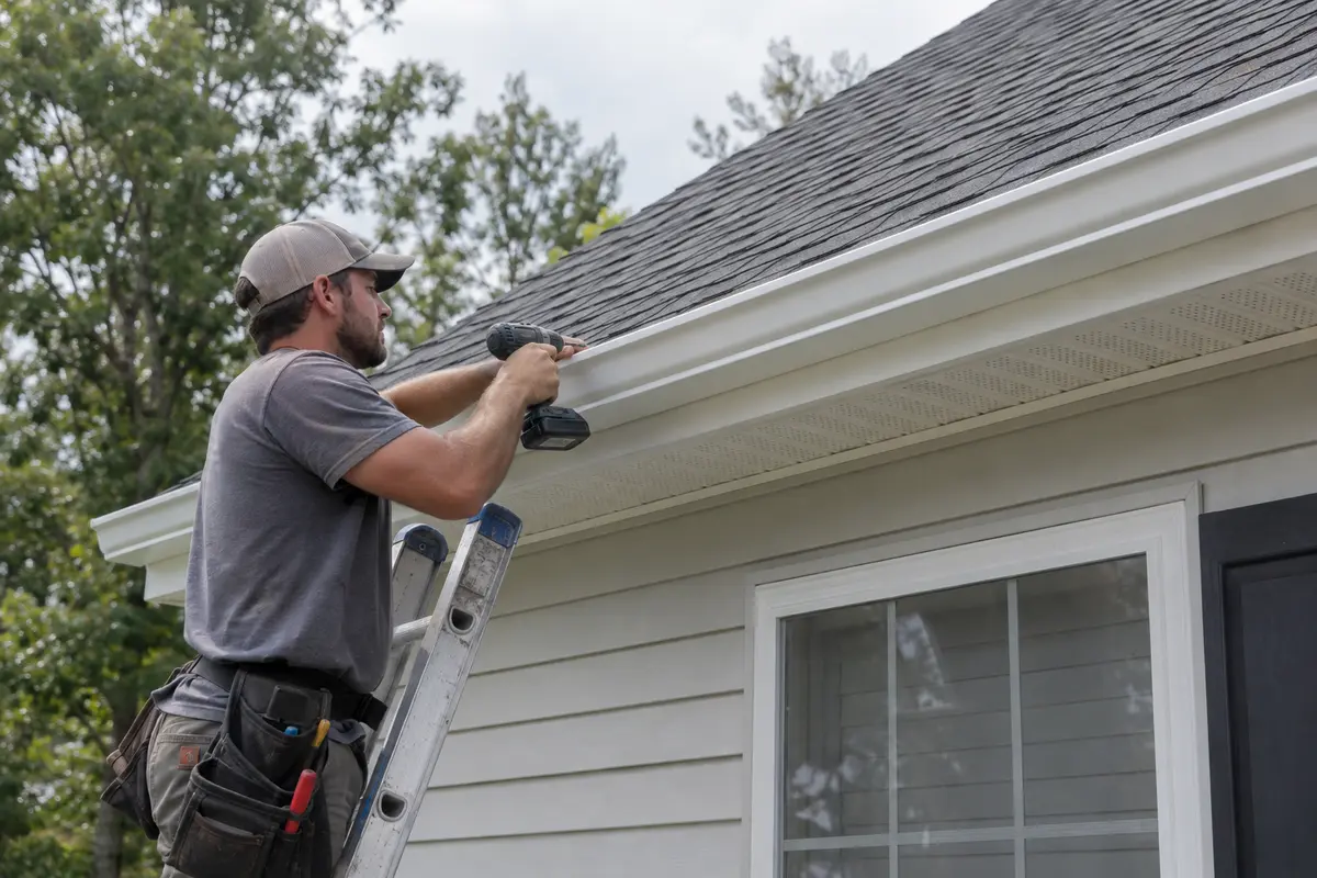 Professional installation of a white 6-inch seamless K-style gutter on a Durham NC home