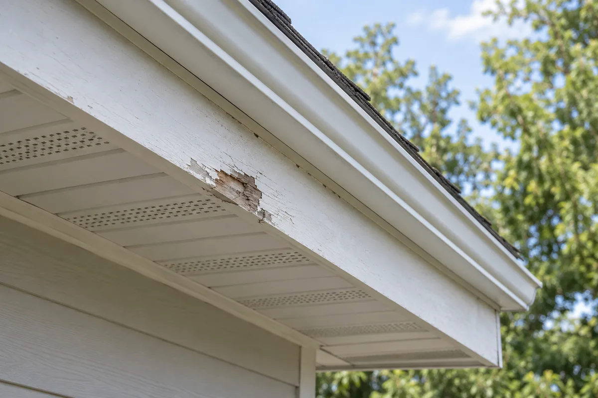 Peeling paint on a fascia board above ventilated soffit panels