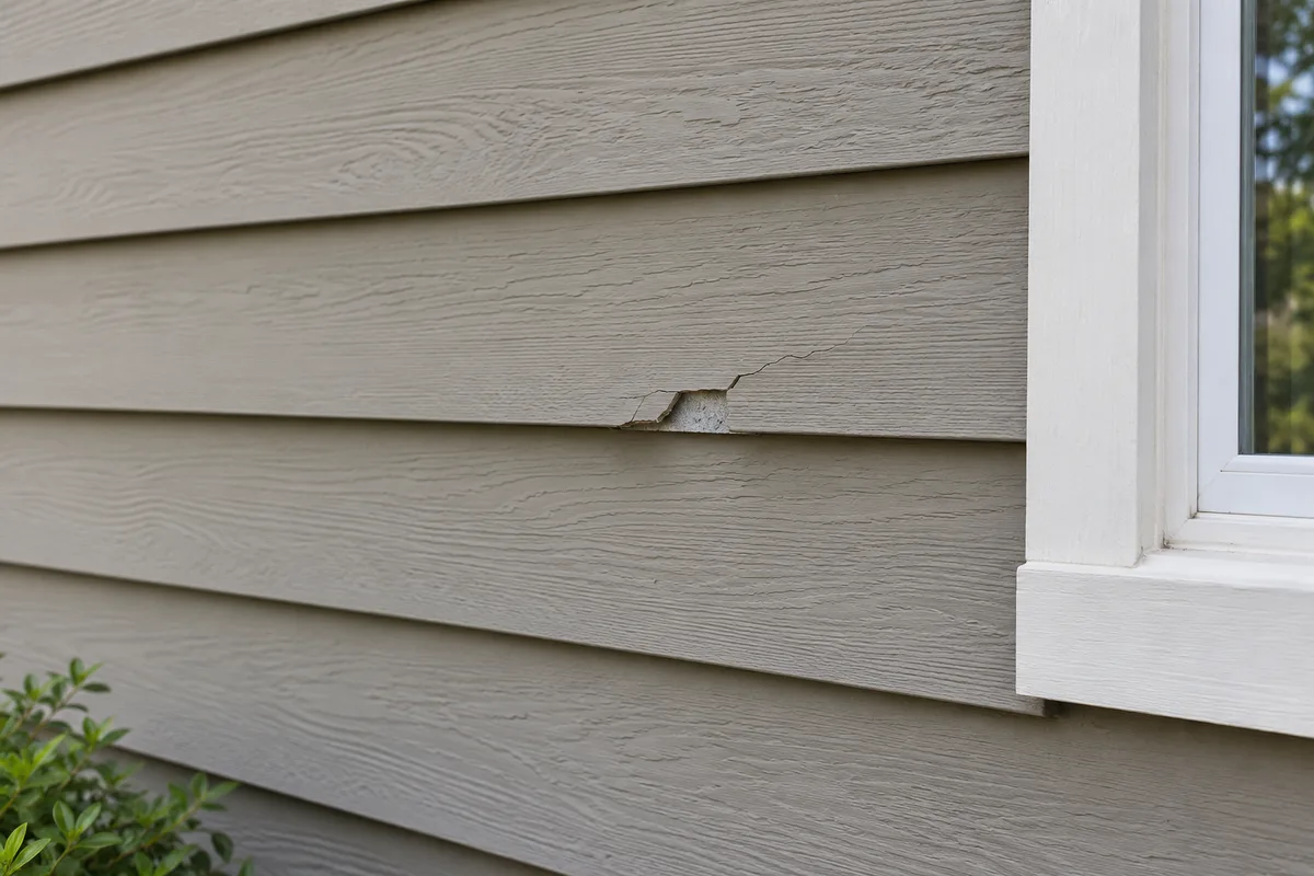 Cracked fiber-cement siding board beside white window trim