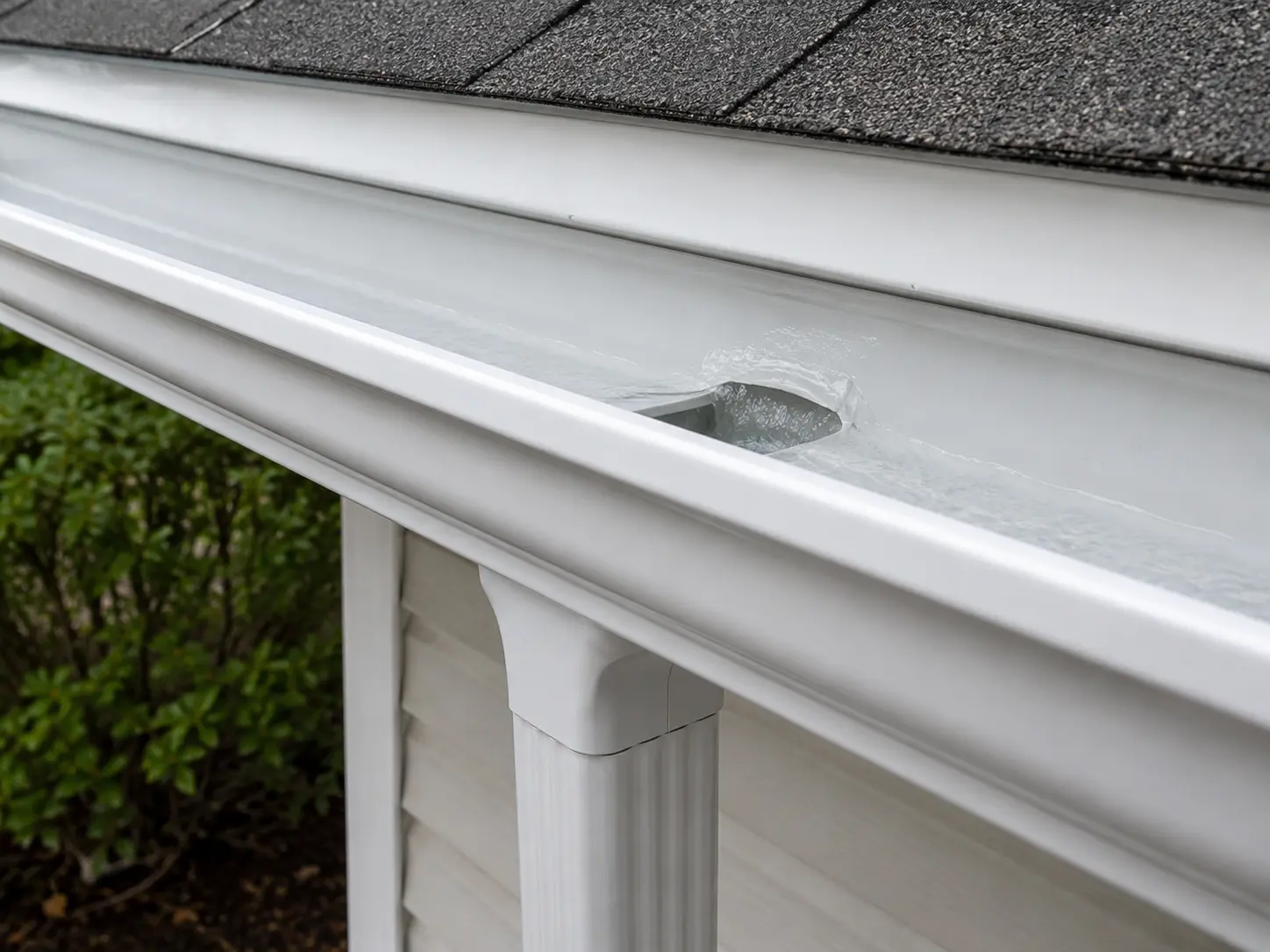 Clean Gutter Outlet and Downspout Durham NC Clean white K-style gutter with clear outlet and 3x4 downspout connection after gutter cleaning in Durham NC