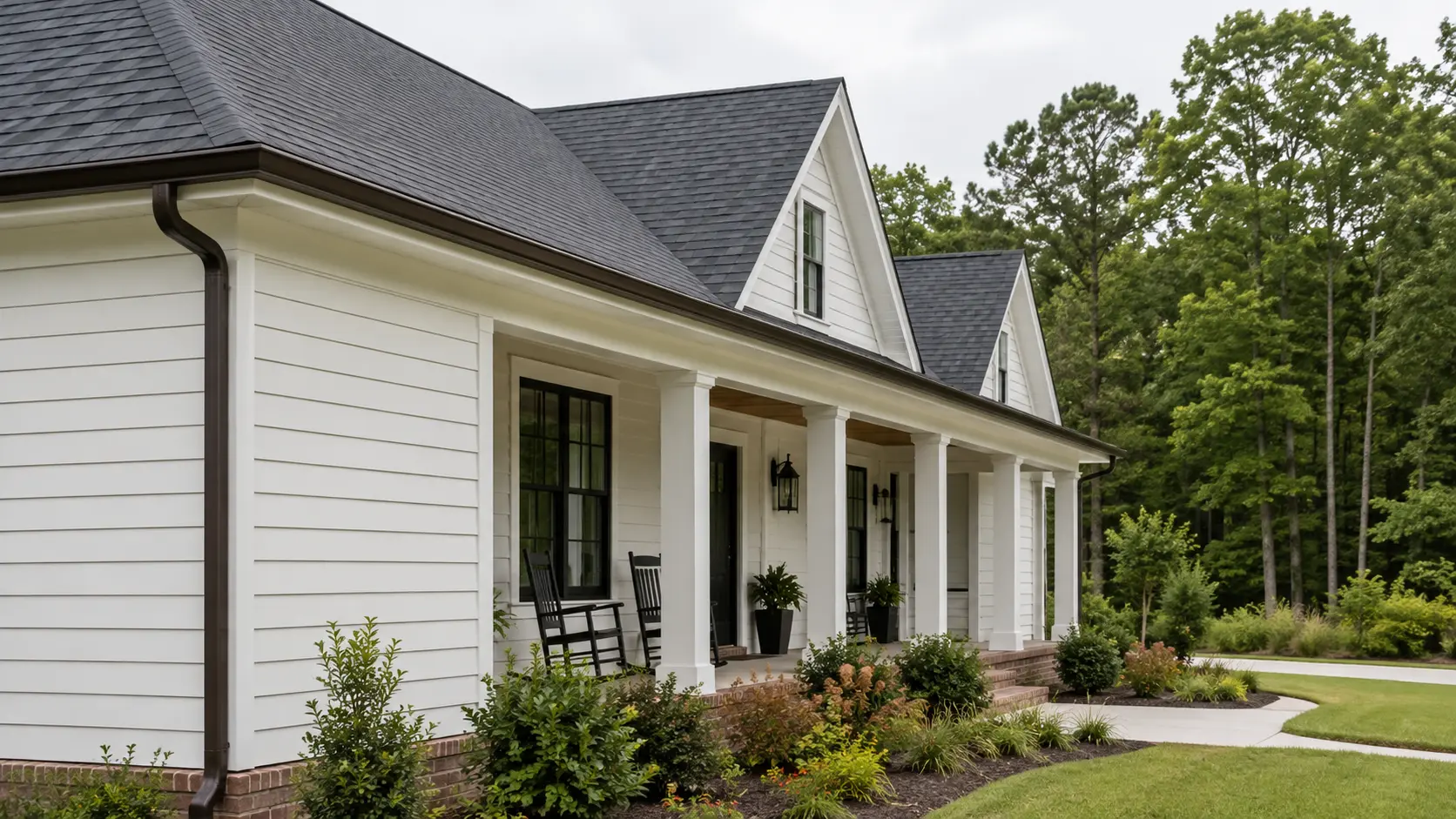 Long K-style seamless gutter run with rectangular downspouts on a tree-lined North Carolina home