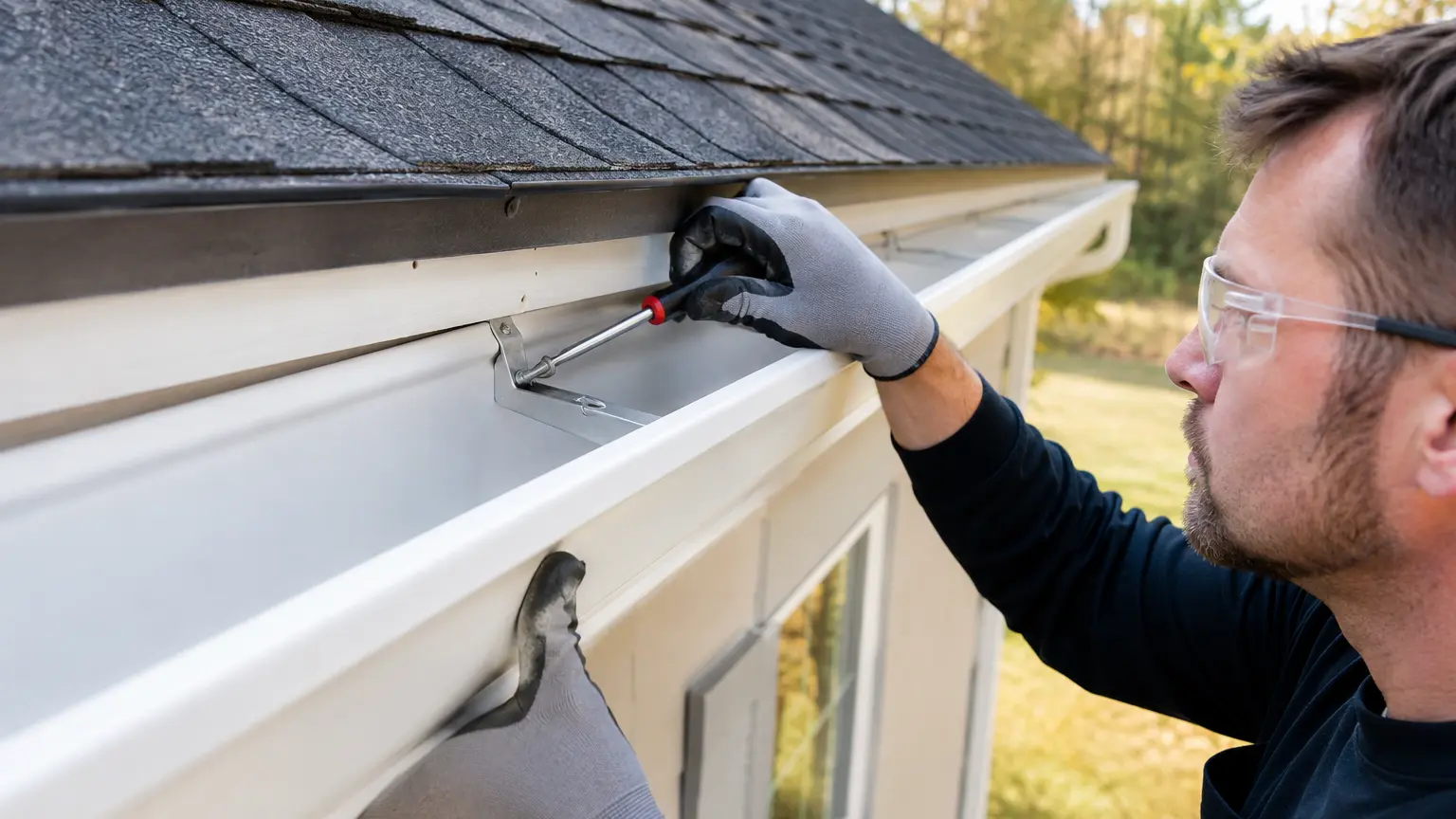Gutter Repair Durham NC Safety-equipped technician securing a hidden hanger inside a white K-style gutter during repair in Durham North Carolina