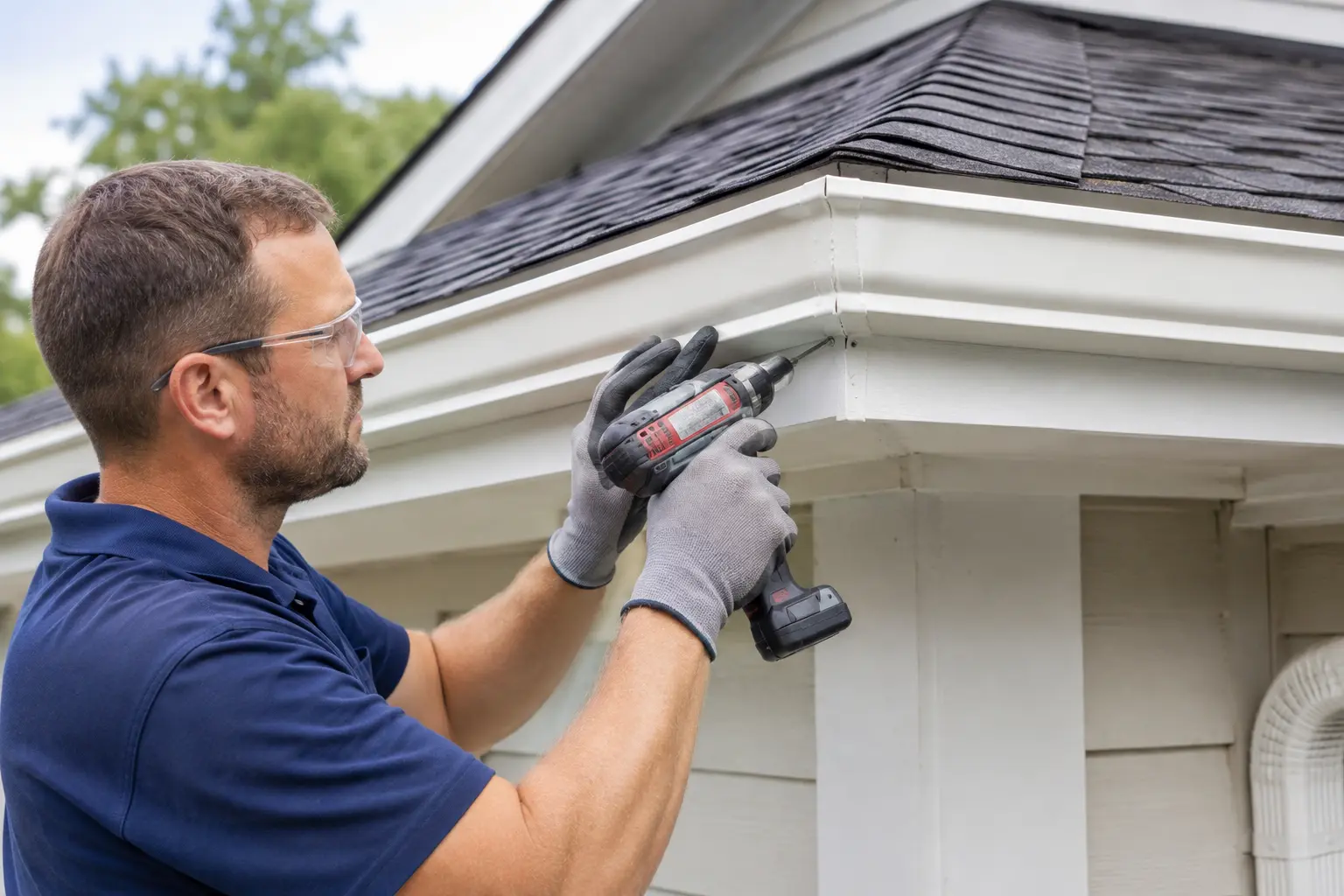 Leaking Gutter Corner Repair Durham NC Technician completing leaking K-style gutter corner repair in Durham NC