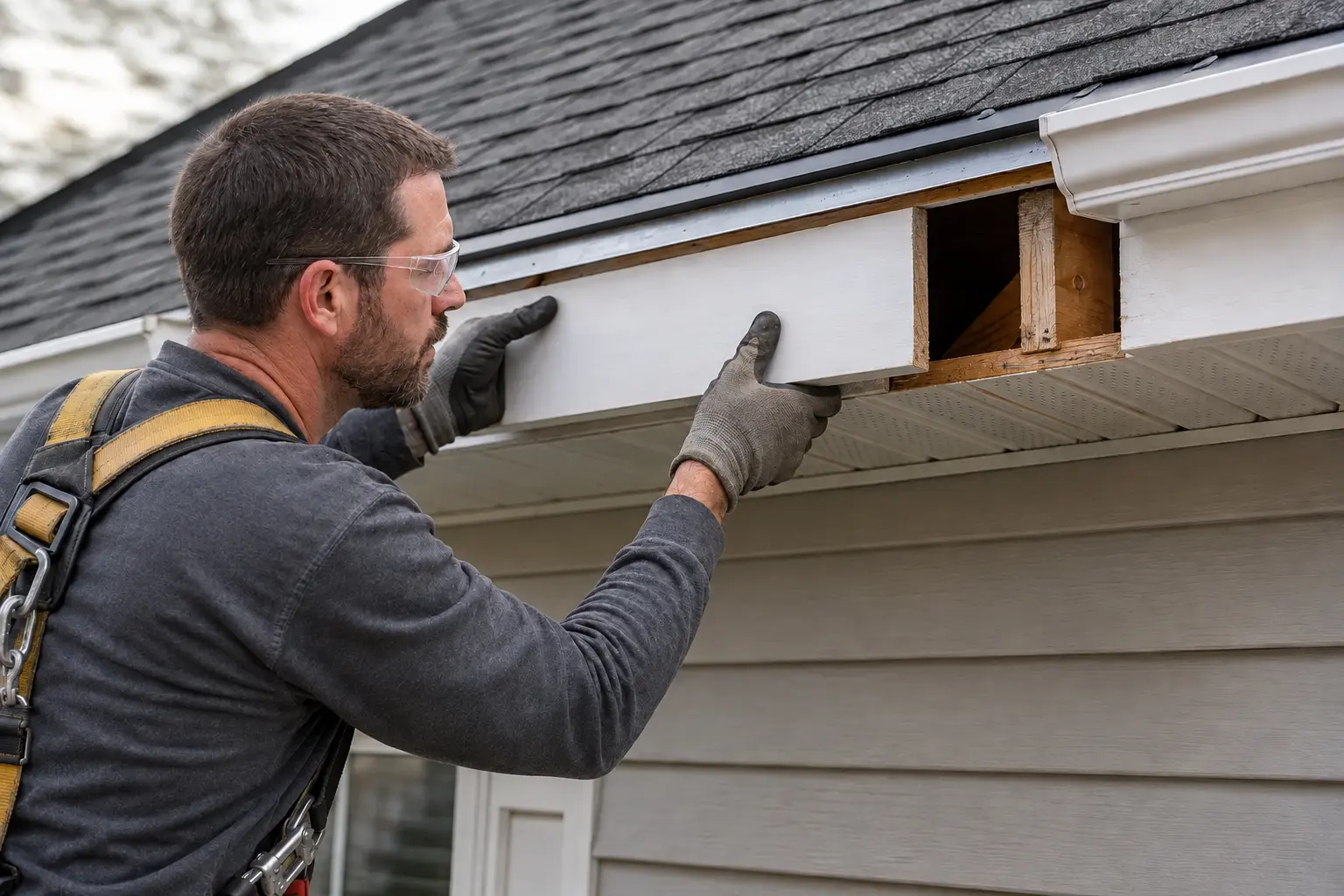 Wood Fascia Repair Durham NC Technician completing localized painted wood fascia repair in Durham NC