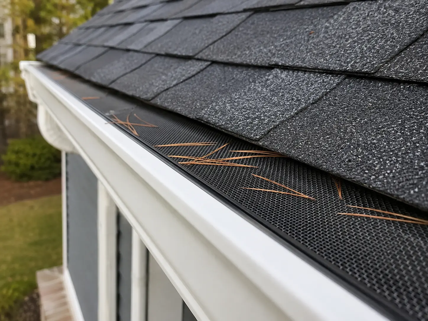 Micro-mesh gutter guard beneath pine needles on a tree-covered Chapel Hill North Carolina home