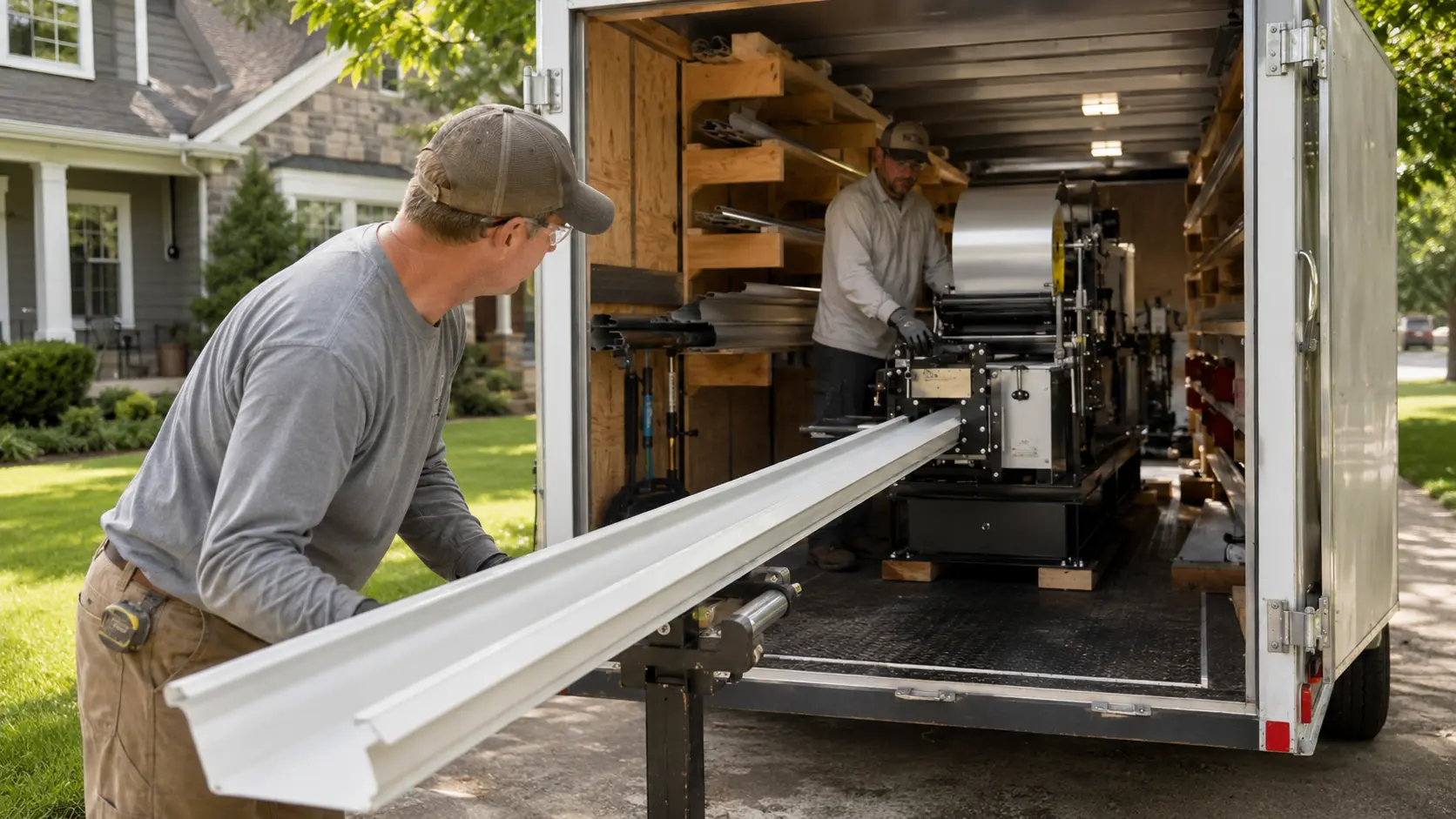 Professional seamless gutter fabrication at a Durham home