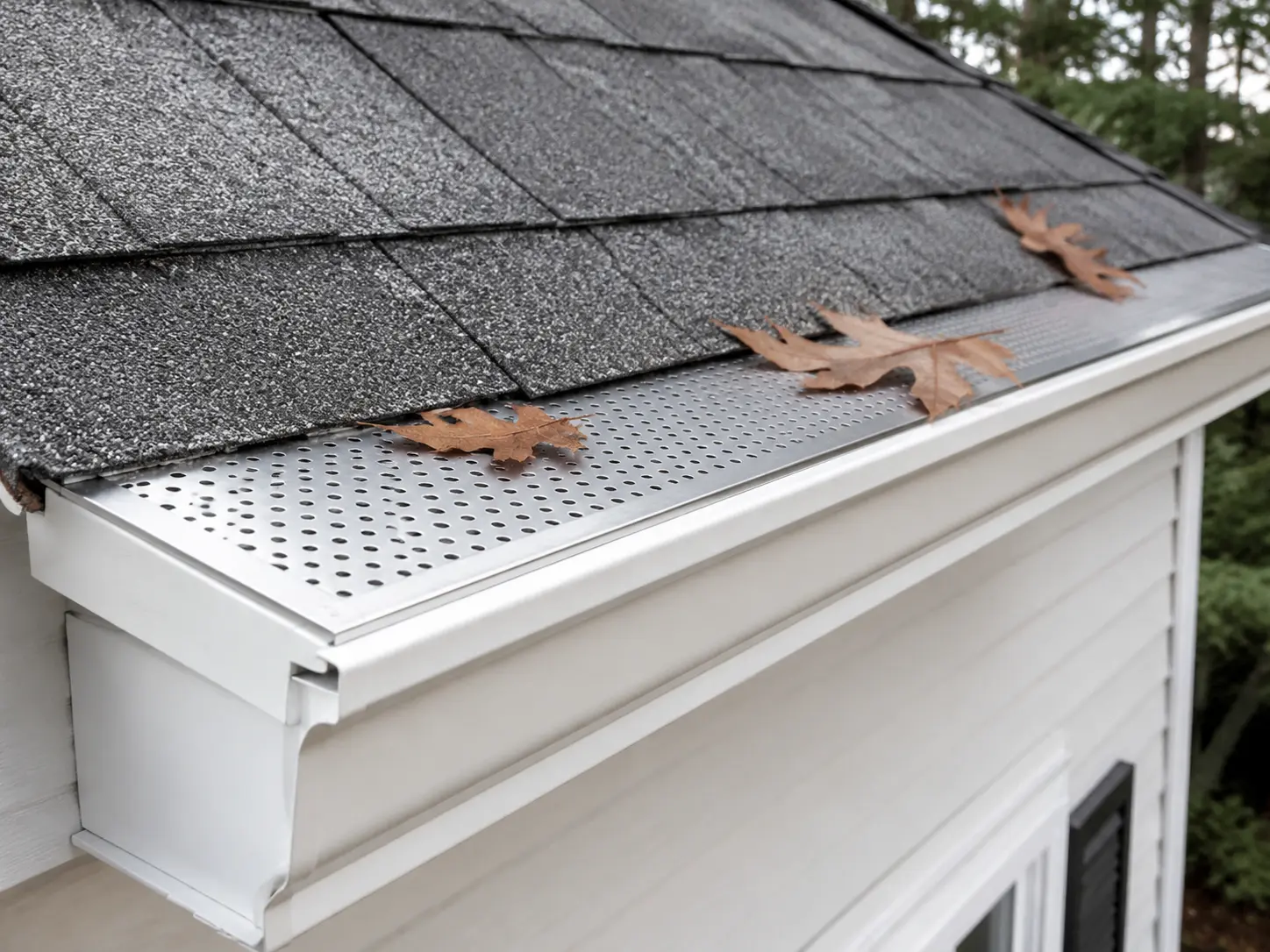 Perforated Aluminum Gutter Guards Durham NC Low-profile perforated aluminum gutter guard with broad oak leaves resting above a white K-style gutter