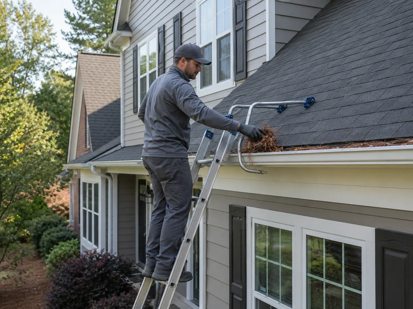 Professional Gutter Cleaning Durham NC Professional technician safely removing leaves and pine needles from a white K-style gutter in Durham NC