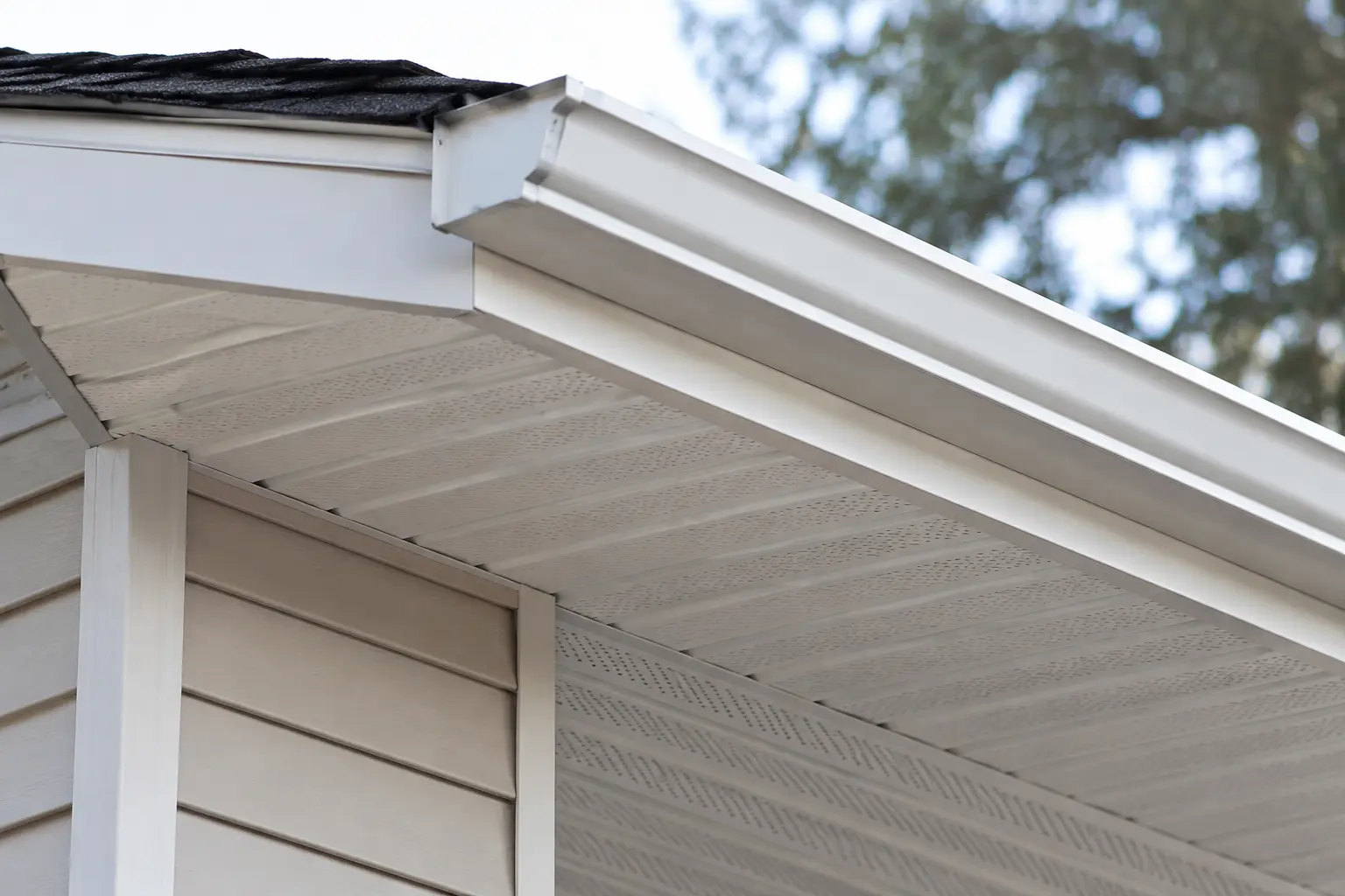 Vented Soffit and Fascia Durham NC White vented soffit panels straight fascia and continuous K-style gutter Durham NC